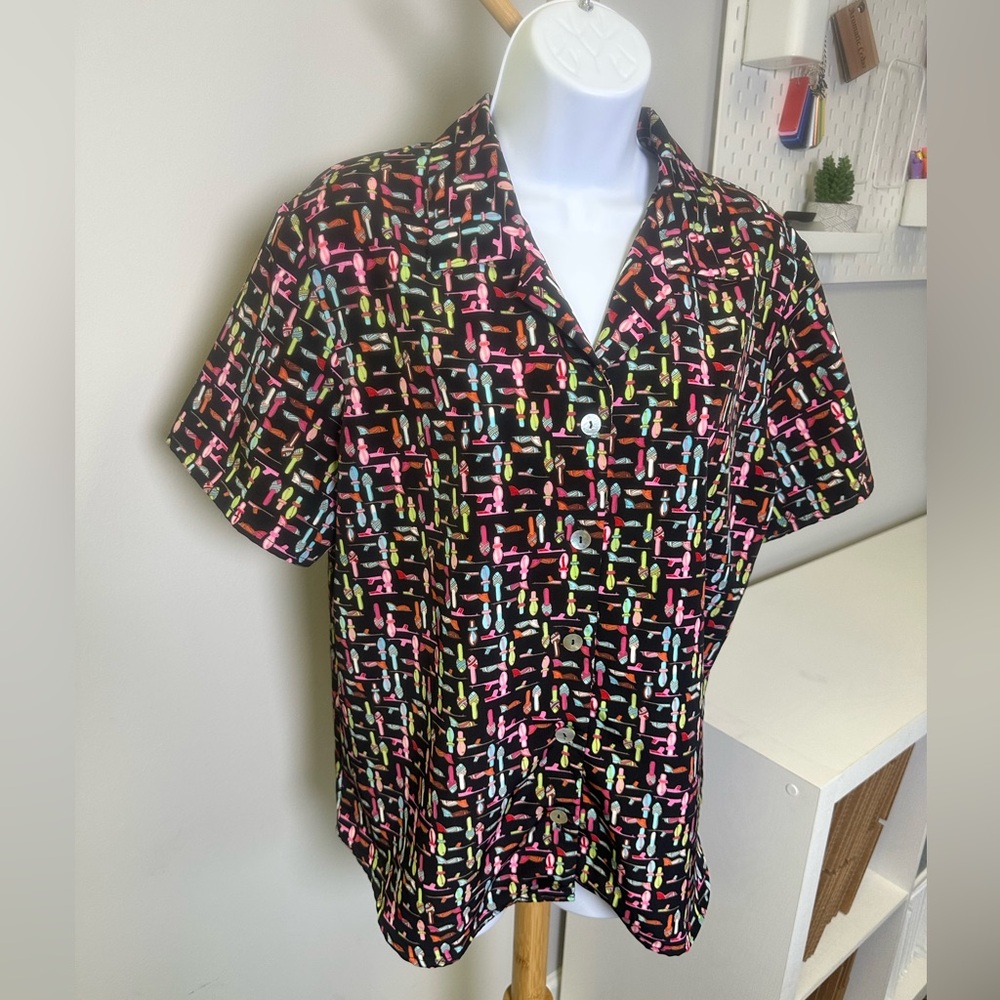 Susan Graver Shoe Addict Blouse Summer Sandals Size Large